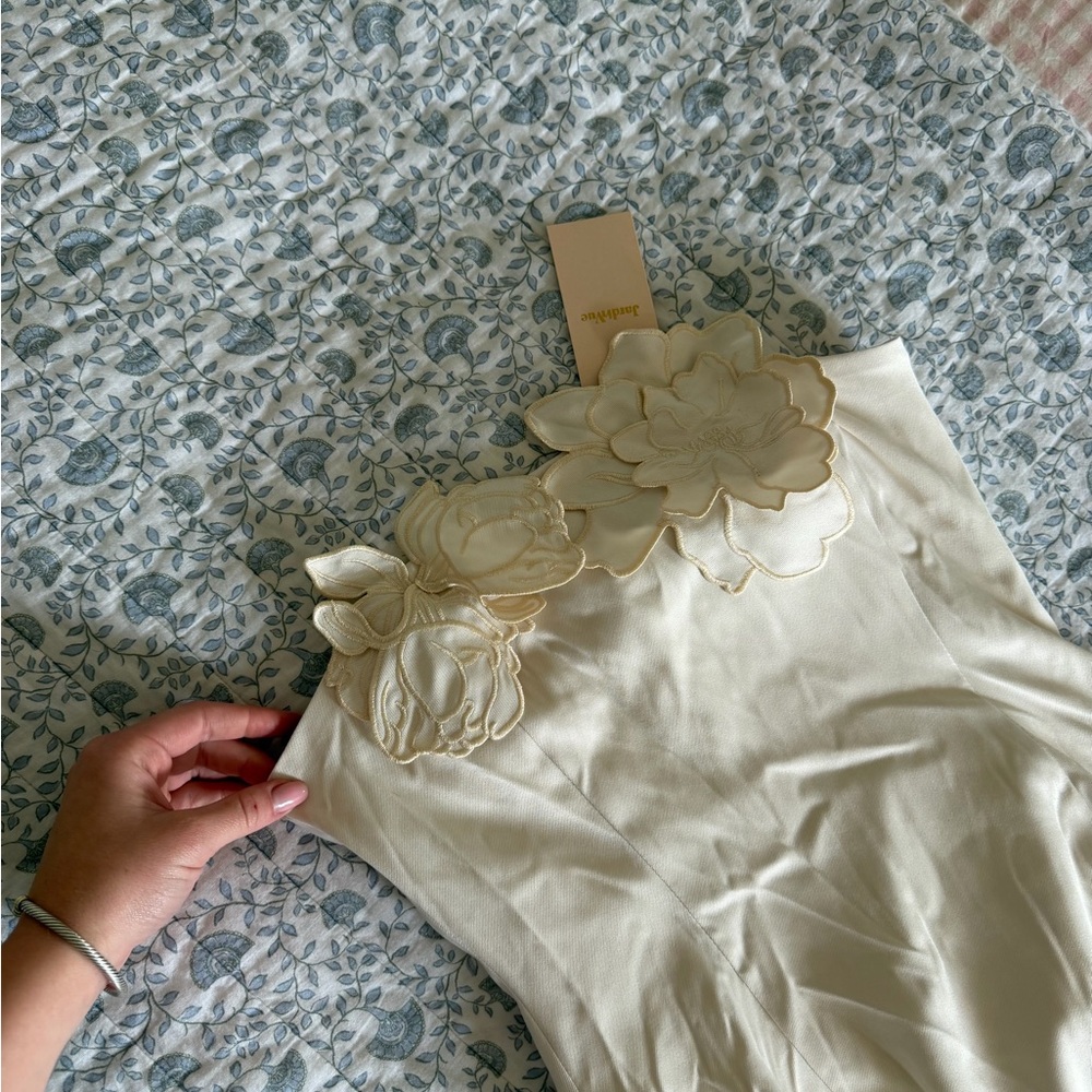 Strapless Cream Maxi Dress with Floral Appliqué